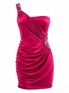 Speechless Womens One-Shoulder Pink Ruched Mini Dress With Rhinestone Embellishm